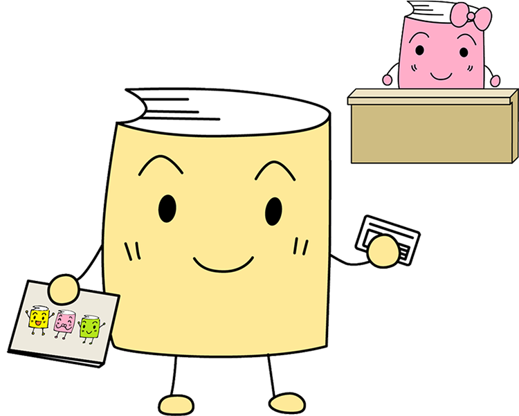 としょかんたろうがカウンターに本を持っています。カウンターにはとしょかんはなこがいます