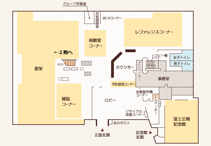 茨木市立図書館1階フロアマップ。書架、雑誌コーナー、視聴覚コーナー、レファレンスコーナー、カウンター、ロビー、リサイクル図書コーナー、富士正晴記念館などの配置図。